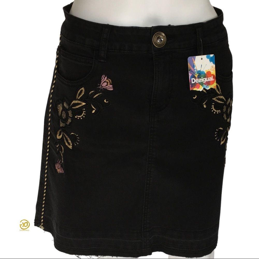 New Desigual Women's Mini Skirt Embroidery Flowers Sz S
